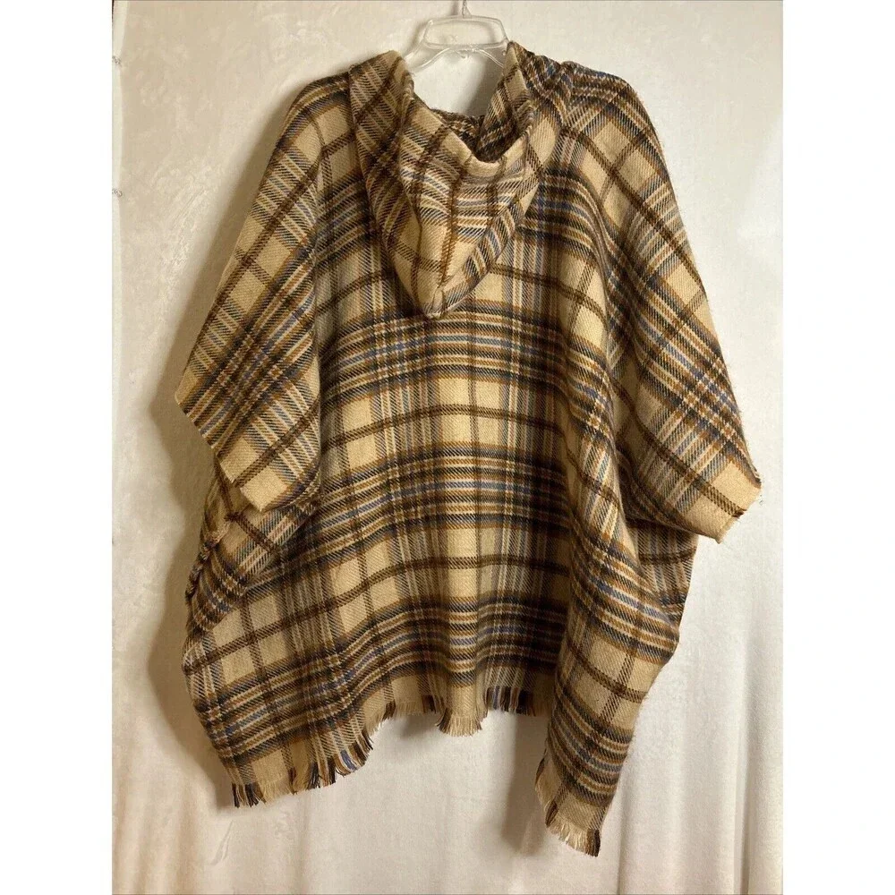 Aerie Hooded Plaid Poncho Shall Women's One Size Tan Toggle Front Closure
